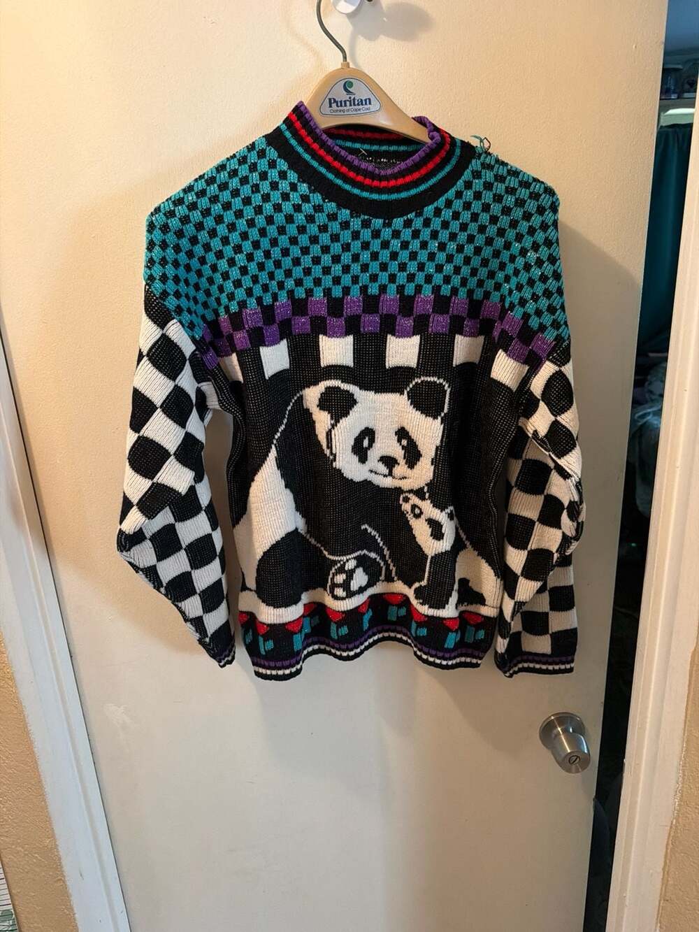 VTG Panda Bear Checkered Colorful Kawaii Fairy Kei Novelty Acrylic Sweater Sz L